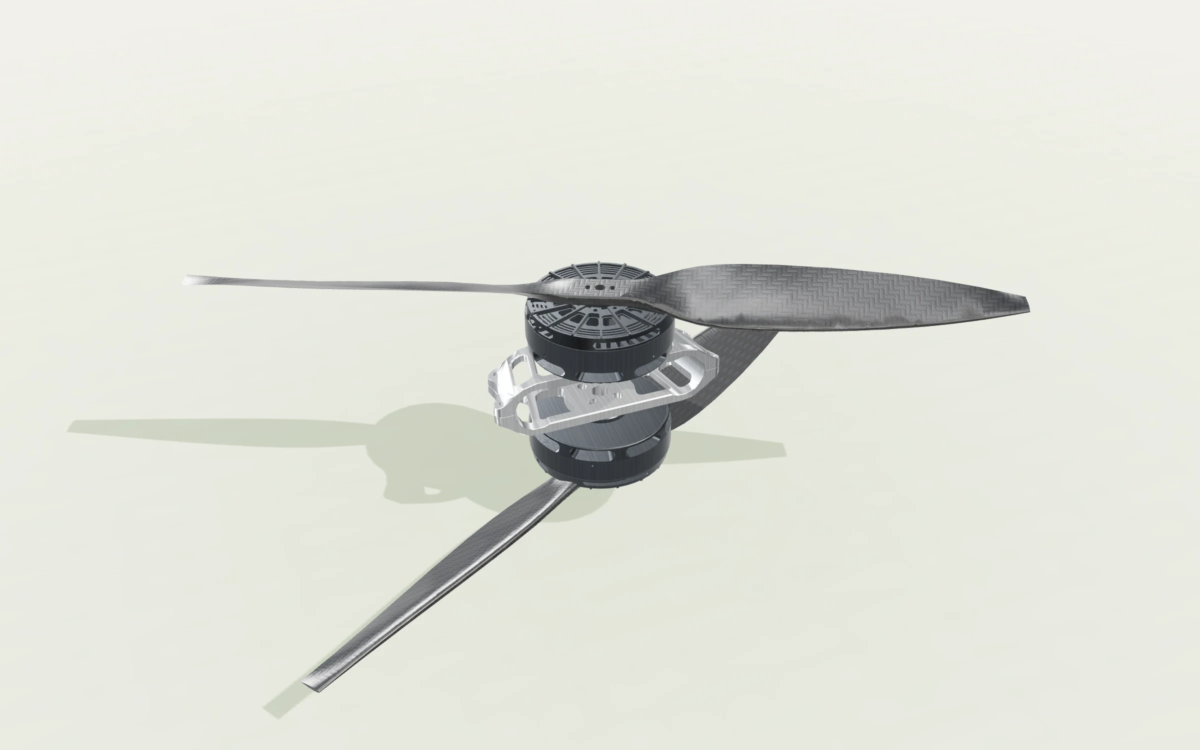 Two electric control motors with coaxial propellers and their central mounting bracket